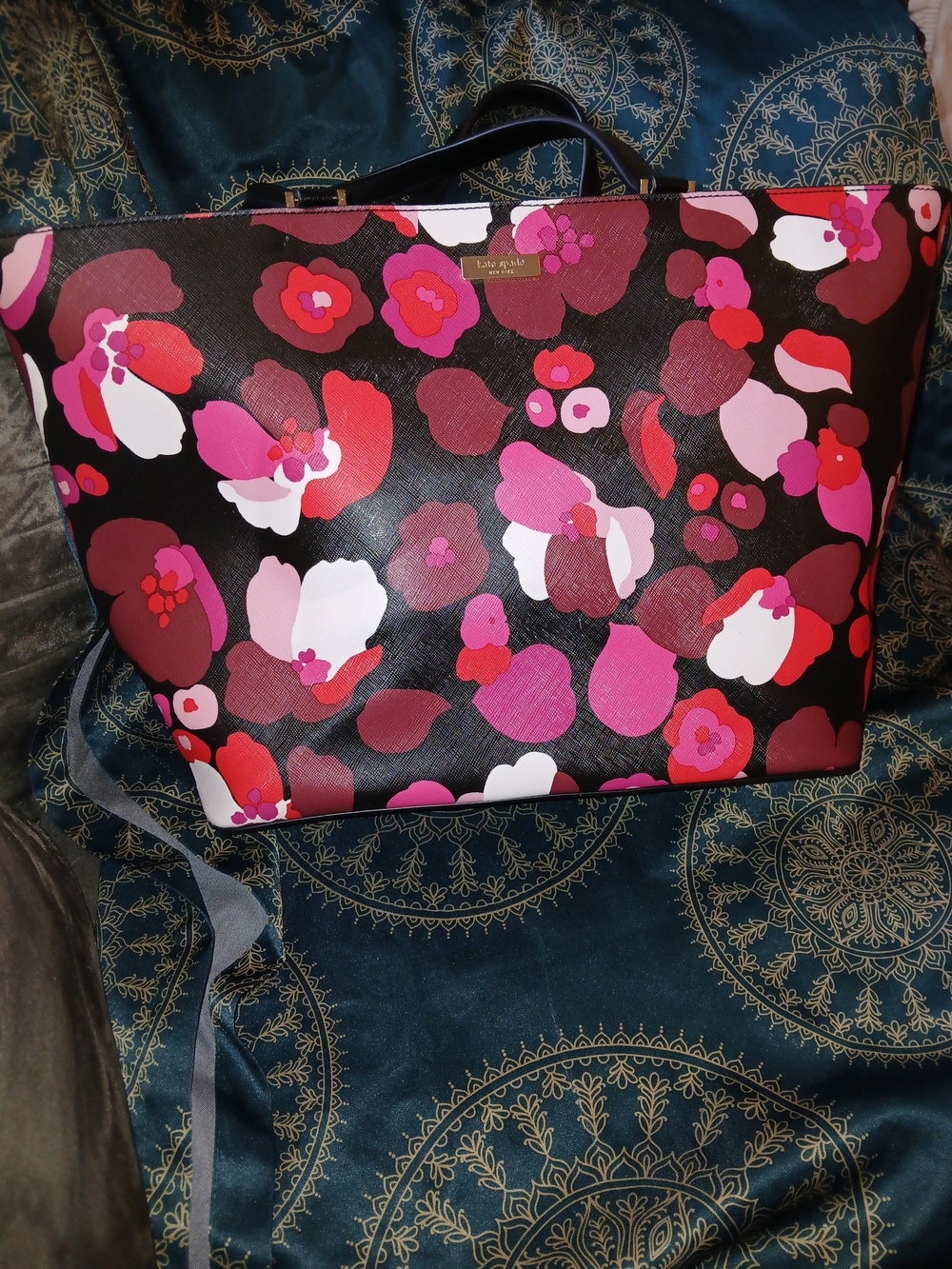 kate spade Black Floral Tote with Pink, Red & White Blossoms